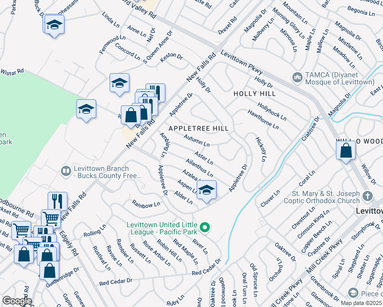 map of restaurants, bars, coffee shops, grocery stores, and more near 49 Autumn Lane in Levittown