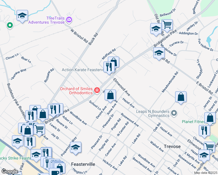 map of restaurants, bars, coffee shops, grocery stores, and more near 1721 Colonial Drive in Feasterville