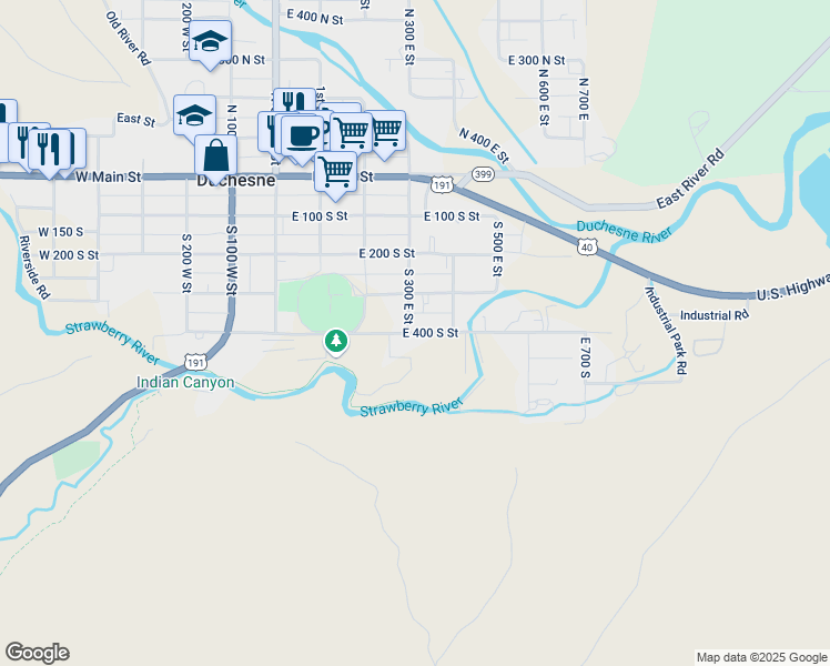 map of restaurants, bars, coffee shops, grocery stores, and more near 310 East 400 South Street in Duchesne