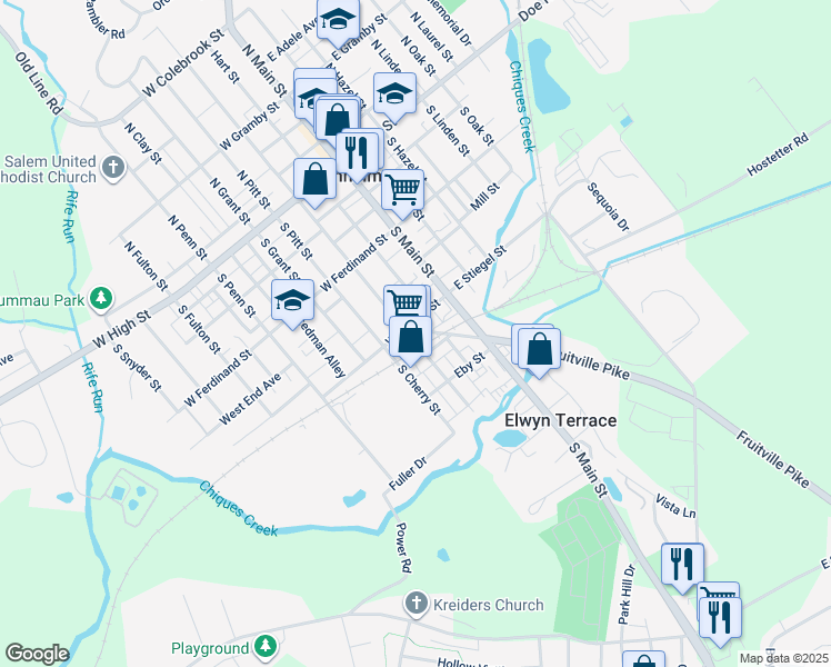 map of restaurants, bars, coffee shops, grocery stores, and more near 205 South Charlotte Street in Manheim