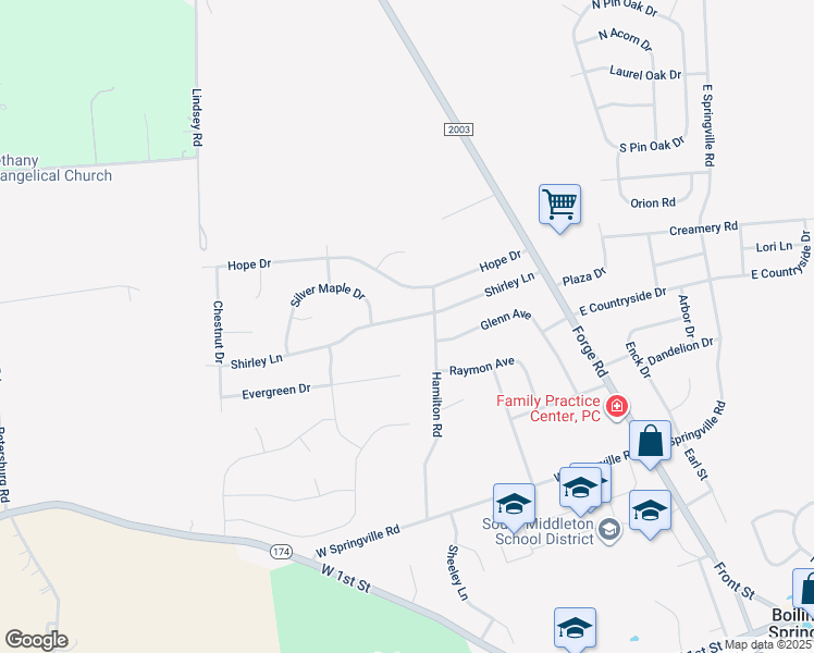 map of restaurants, bars, coffee shops, grocery stores, and more near 105 Shirley Lane in Boiling Springs