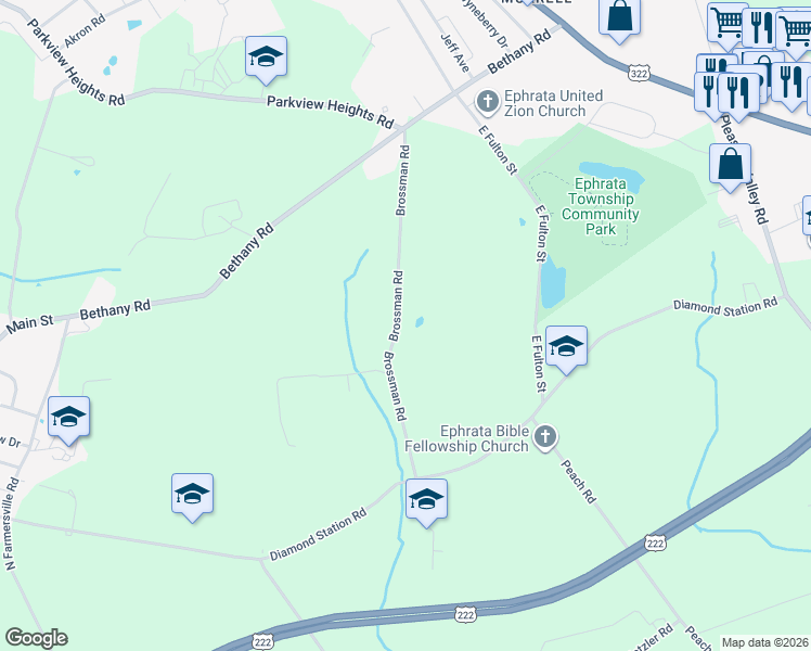 map of restaurants, bars, coffee shops, grocery stores, and more near 440 Brossman Road in Ephrata