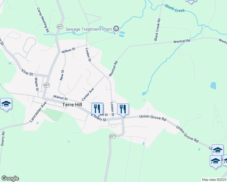 map of restaurants, bars, coffee shops, grocery stores, and more near 314 Linden Street in East Earl