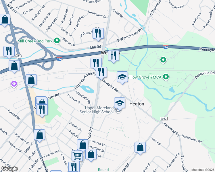 map of restaurants, bars, coffee shops, grocery stores, and more near 3100 Terwood Road in Willow Grove