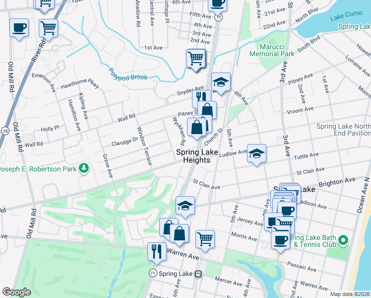 map of restaurants, bars, coffee shops, grocery stores, and more near 31 Wyckham Road in Spring Lake