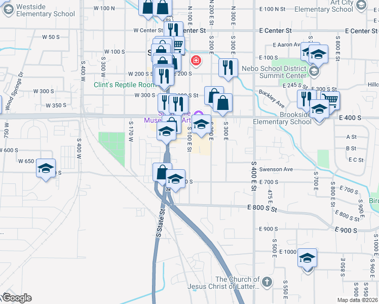 map of restaurants, bars, coffee shops, grocery stores, and more near 508 South 100 East in Springville