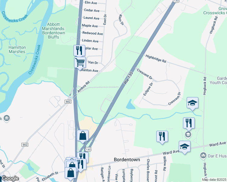 map of restaurants, bars, coffee shops, grocery stores, and more near 100 U.S. 130 in Bordentown
