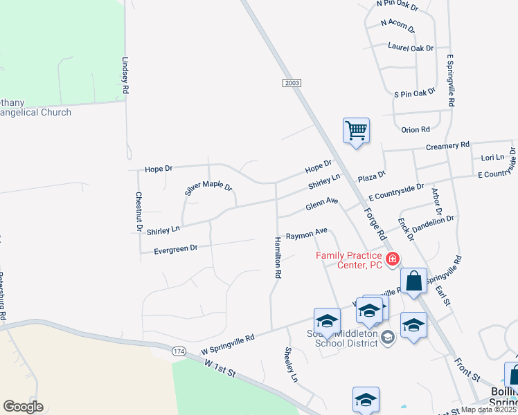 map of restaurants, bars, coffee shops, grocery stores, and more near 105 Shirley Lane in Boiling Springs