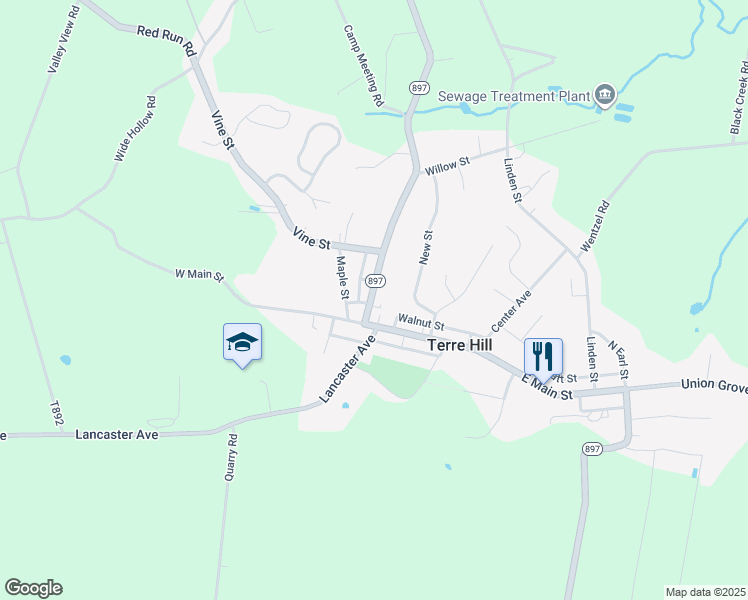 map of restaurants, bars, coffee shops, grocery stores, and more near 300 Broad Street in Terre Hill