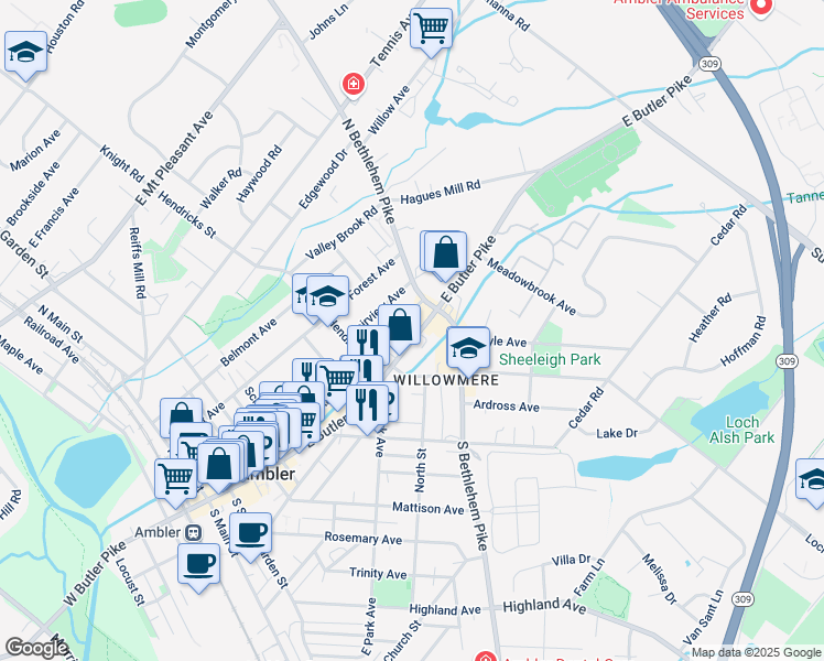 map of restaurants, bars, coffee shops, grocery stores, and more near 359 East Butler Avenue in Ambler