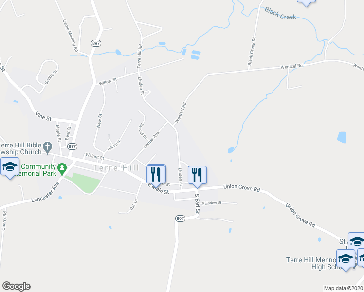 map of restaurants, bars, coffee shops, grocery stores, and more near 314 Linden Street in East Earl