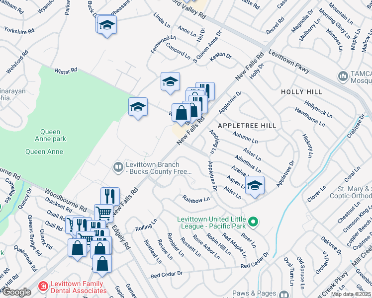 map of restaurants, bars, coffee shops, grocery stores, and more near 6 Appletree Drive in Levittown