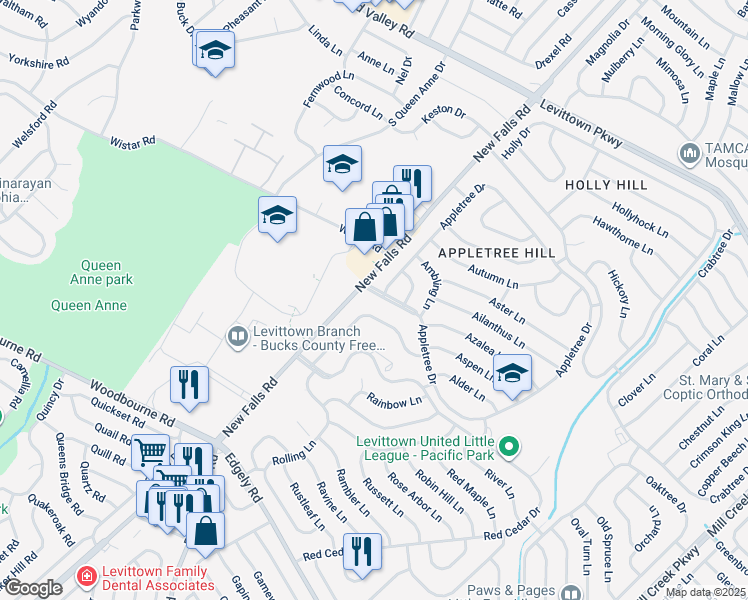 map of restaurants, bars, coffee shops, grocery stores, and more near 6 Appletree Drive in Levittown