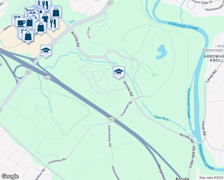 map of restaurants, bars, coffee shops, grocery stores, and more near 120 Campus Drive in Collegeville