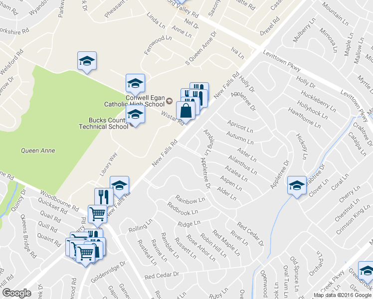 map of restaurants, bars, coffee shops, grocery stores, and more near 8 Appletree Drive in Levittown