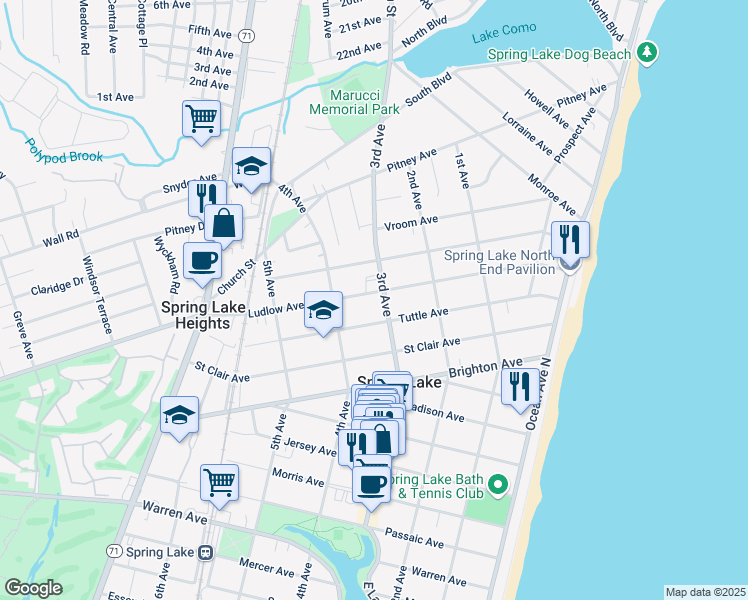 map of restaurants, bars, coffee shops, grocery stores, and more near 300 Ludlow Avenue in Spring Lake