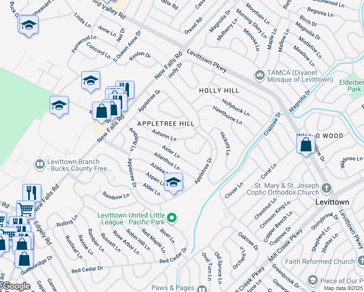 map of restaurants, bars, coffee shops, grocery stores, and more near 39 Arbor Lane in Levittown