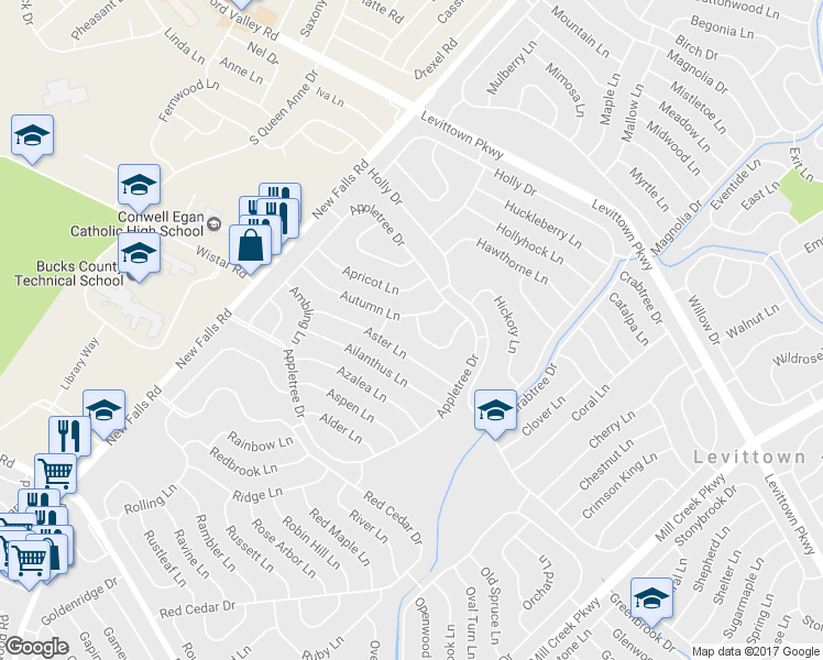 map of restaurants, bars, coffee shops, grocery stores, and more near 39 Arbor Lane in Levittown