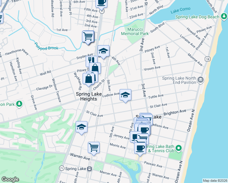 map of restaurants, bars, coffee shops, grocery stores, and more near 424 Worthington Avenue in Spring Lake