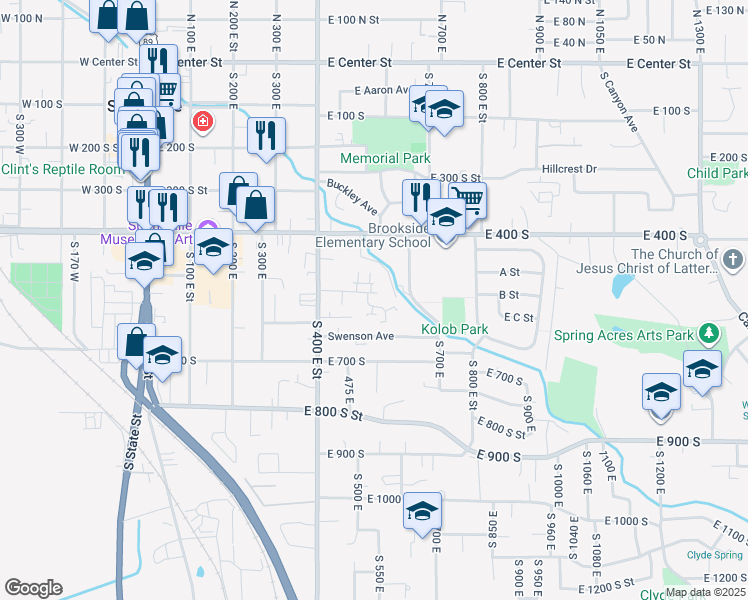 map of restaurants, bars, coffee shops, grocery stores, and more near 467 East 535 South in Springville