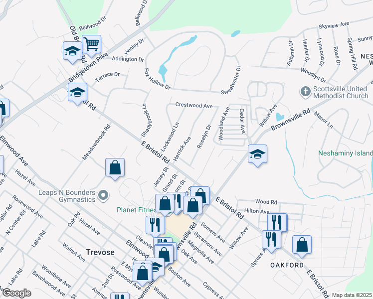 map of restaurants, bars, coffee shops, grocery stores, and more near 2035 Herrick Avenue in Feasterville-Trevose