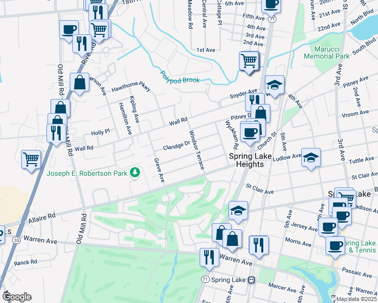 map of restaurants, bars, coffee shops, grocery stores, and more near 908 Claridge Drive in Spring Lake