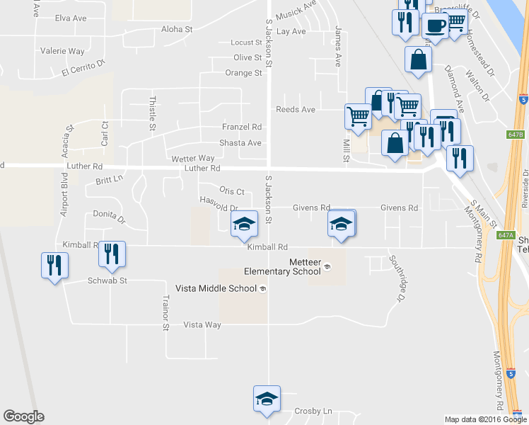 map of restaurants, bars, coffee shops, grocery stores, and more near 805 Hasvold Drive in Red Bluff