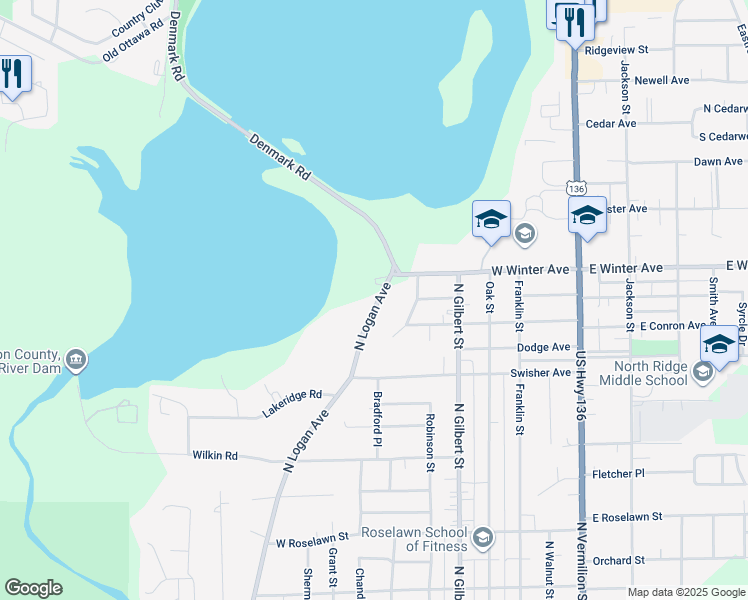map of restaurants, bars, coffee shops, grocery stores, and more near 2002 North Logan Avenue in Danville