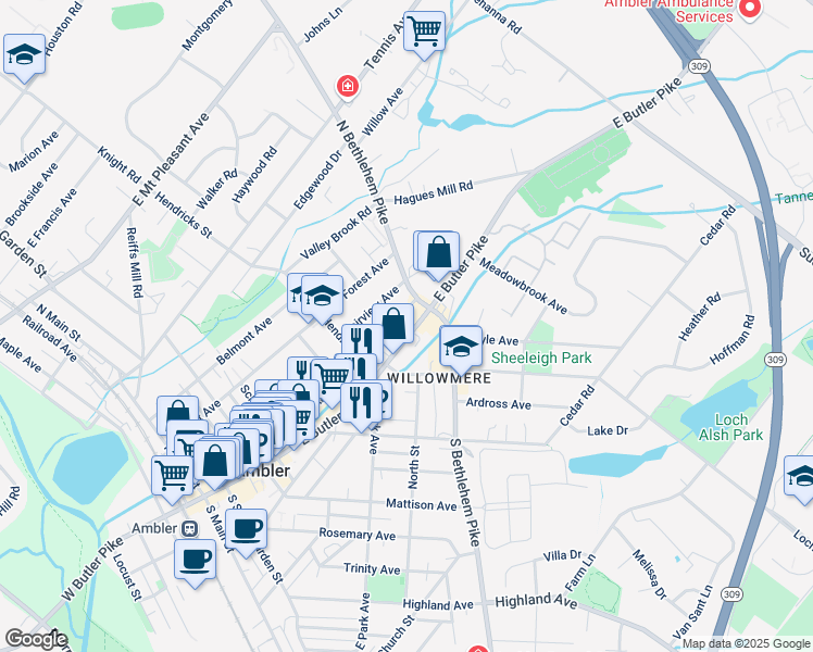 map of restaurants, bars, coffee shops, grocery stores, and more near 359 East Butler Avenue in Ambler
