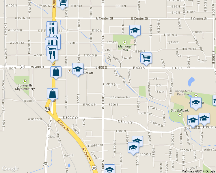 map of restaurants, bars, coffee shops, grocery stores, and more near 507 South 400 East in Springville