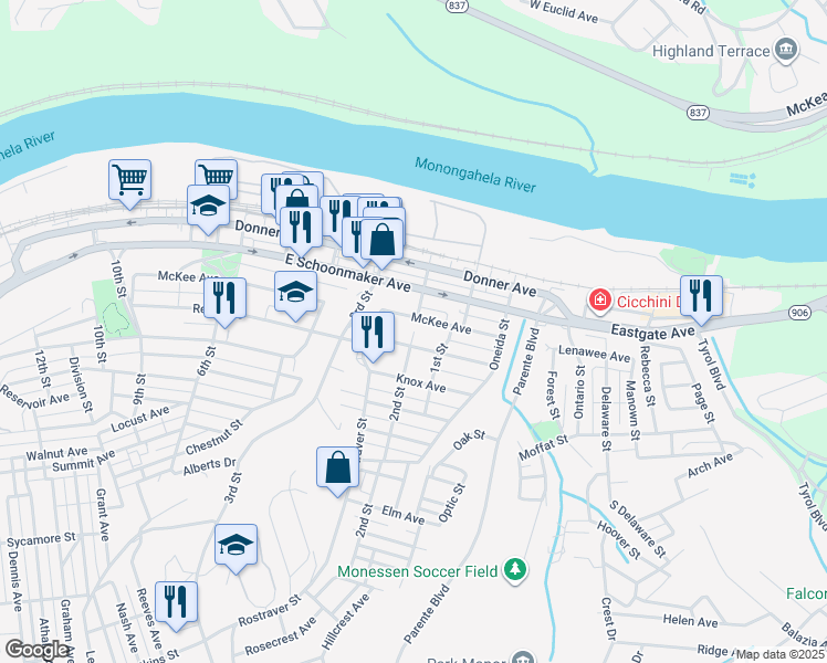 map of restaurants, bars, coffee shops, grocery stores, and more near 201 McKee Avenue in Monessen