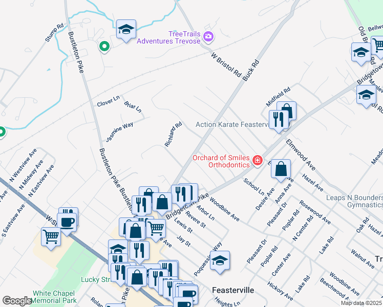 map of restaurants, bars, coffee shops, grocery stores, and more near 1512 Buck Road in Feasterville-Trevose