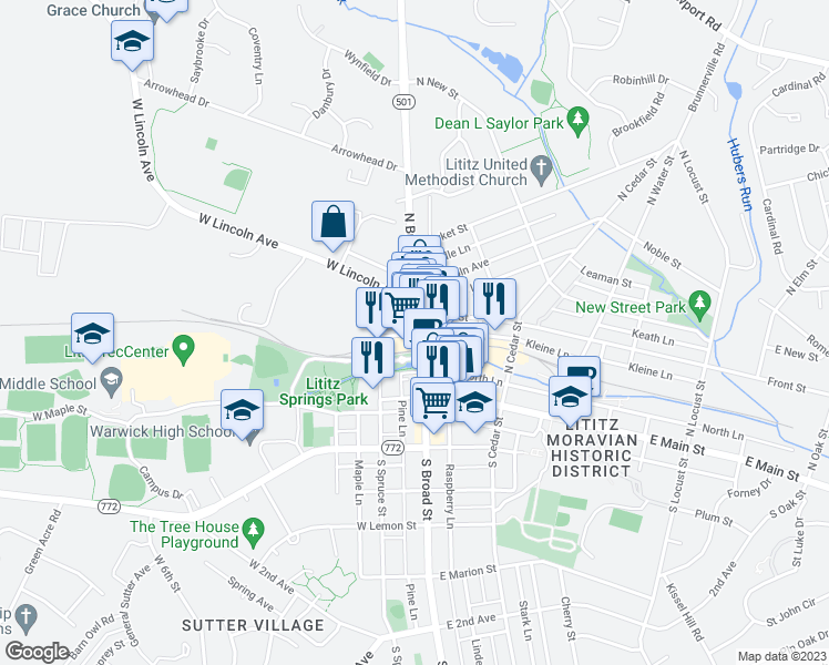 map of restaurants, bars, coffee shops, grocery stores, and more near 54 North Broad Street in Lititz