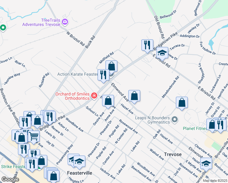 map of restaurants, bars, coffee shops, grocery stores, and more near 1745 Prospect Avenue in Feasterville-Trevose