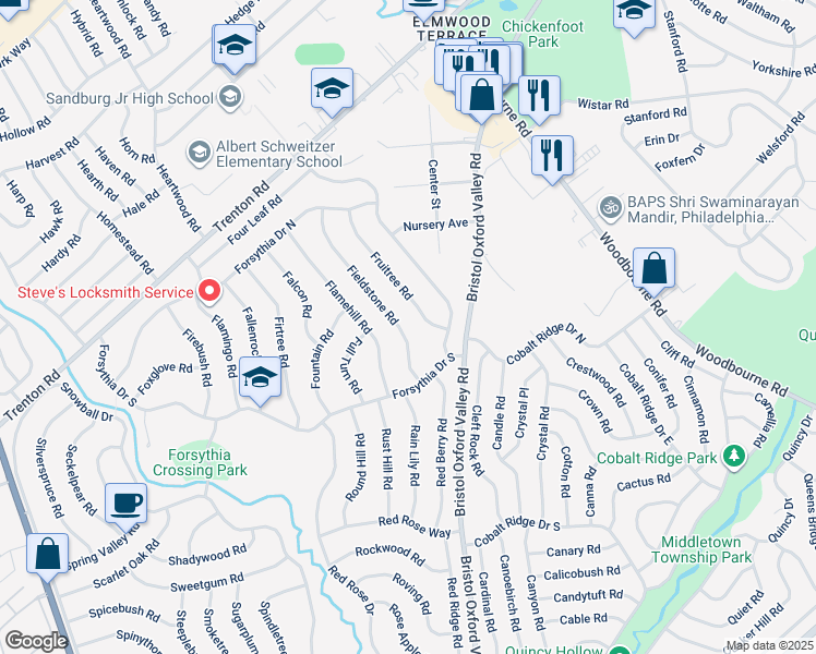 map of restaurants, bars, coffee shops, grocery stores, and more near 40 Fieldstone Road in Levittown