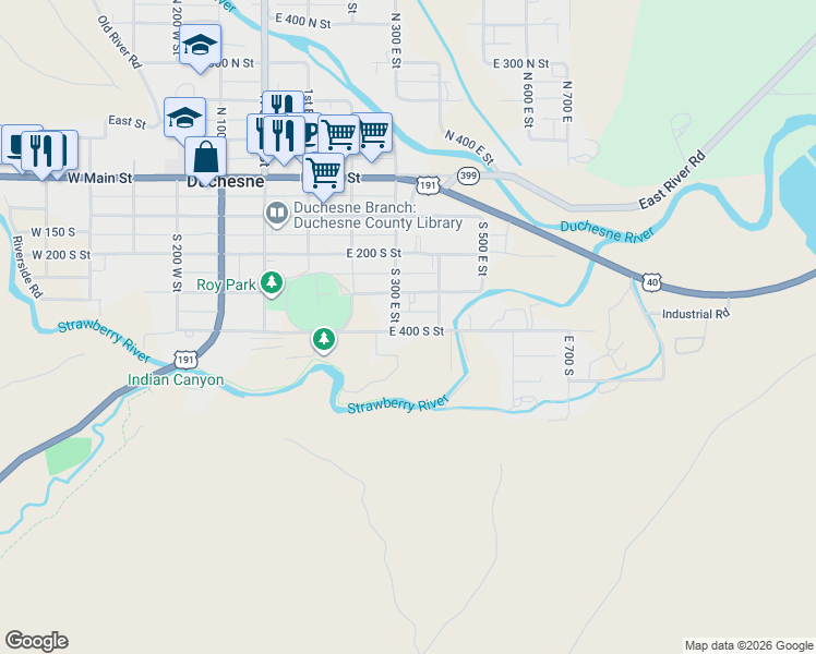 map of restaurants, bars, coffee shops, grocery stores, and more near 333 East 400 South Street in Duchesne