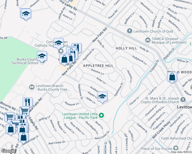 map of restaurants, bars, coffee shops, grocery stores, and more near 60 Aster Lane in Levittown