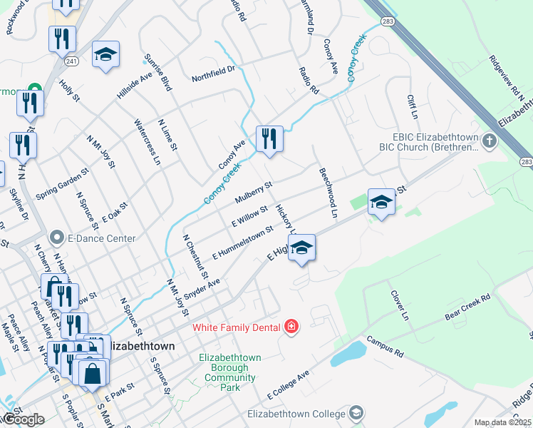 map of restaurants, bars, coffee shops, grocery stores, and more near 590 East Willow Street in Elizabethtown