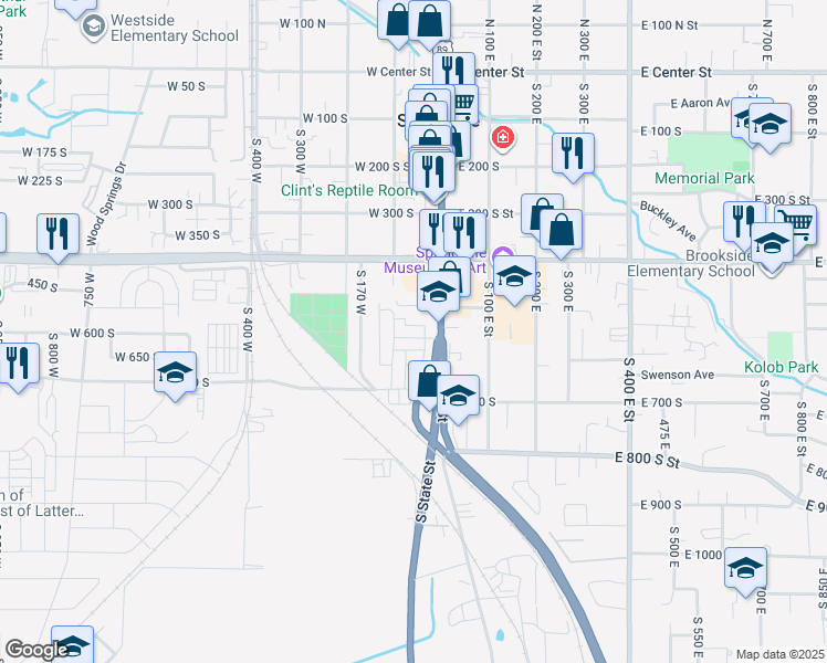 map of restaurants, bars, coffee shops, grocery stores, and more near 64 West 600 South in Springville