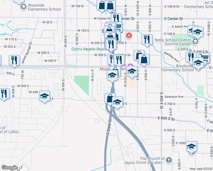 map of restaurants, bars, coffee shops, grocery stores, and more near 64 West 600 South in Springville