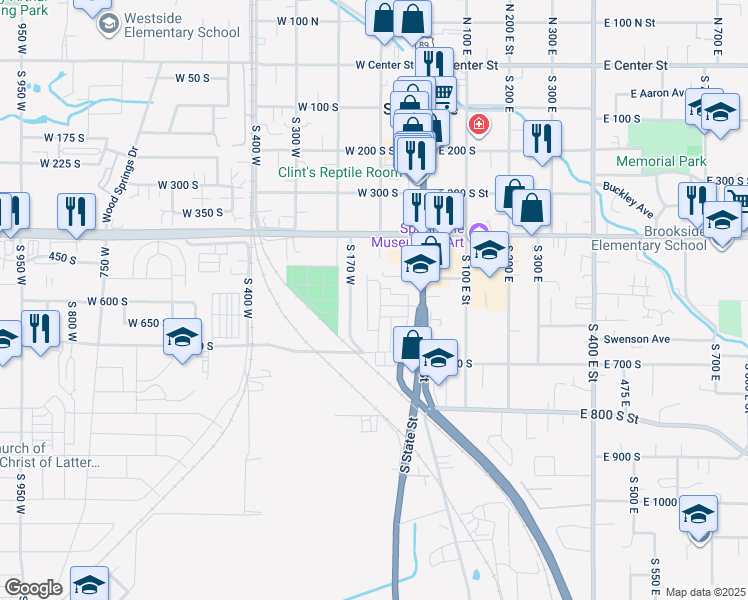 map of restaurants, bars, coffee shops, grocery stores, and more near 572 South 100 West in Springville