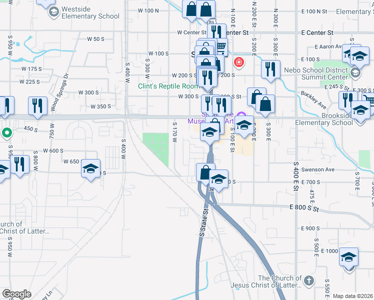 map of restaurants, bars, coffee shops, grocery stores, and more near 572 South 100 West in Springville