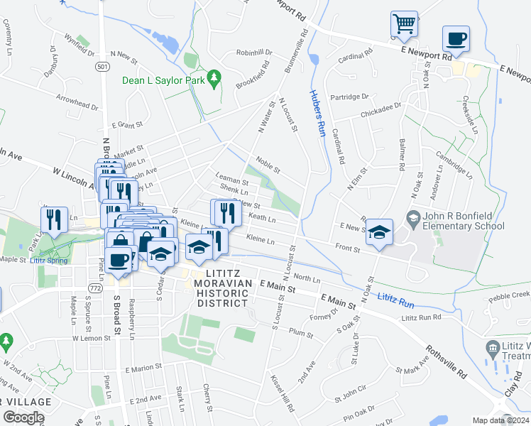 map of restaurants, bars, coffee shops, grocery stores, and more near 312 East New Street in Lititz
