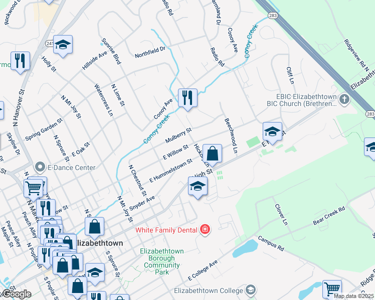 map of restaurants, bars, coffee shops, grocery stores, and more near 590 East Willow Street in Elizabethtown