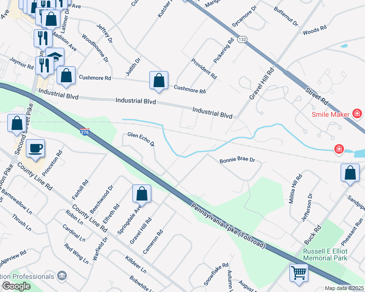 map of restaurants, bars, coffee shops, grocery stores, and more near 280 Casey Circle in Huntingdon Valley