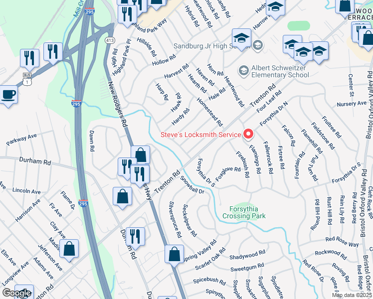map of restaurants, bars, coffee shops, grocery stores, and more near 1 Hamlet Road in Levittown