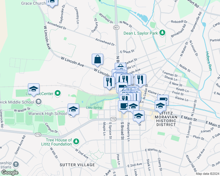 map of restaurants, bars, coffee shops, grocery stores, and more near 101 Warwick Street in Lititz