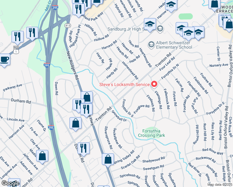 map of restaurants, bars, coffee shops, grocery stores, and more near 1 Hamlet Road in Levittown