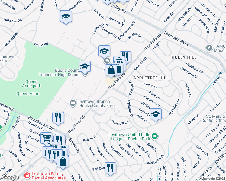 map of restaurants, bars, coffee shops, grocery stores, and more near 8 Appletree Drive in Levittown