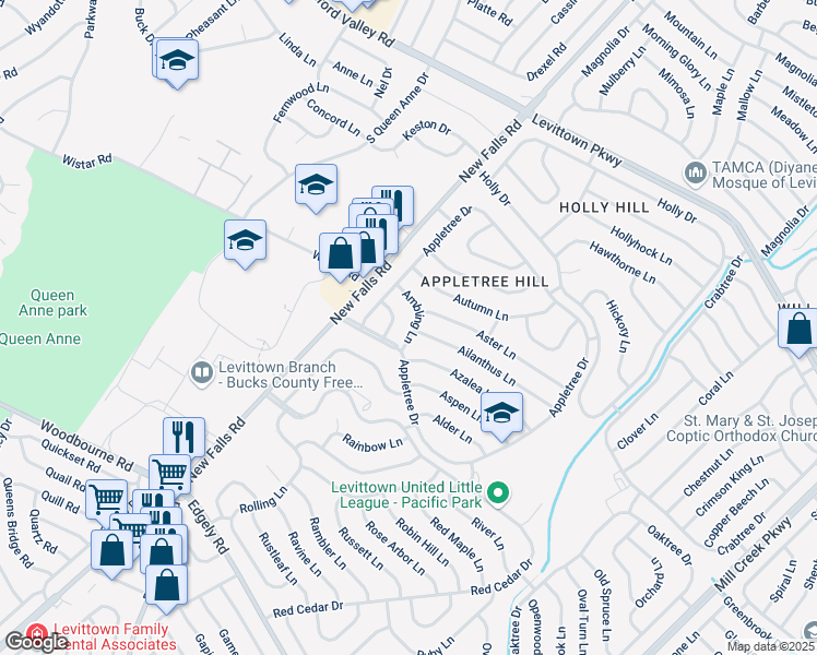 map of restaurants, bars, coffee shops, grocery stores, and more near 14 Arch Lane in Levittown